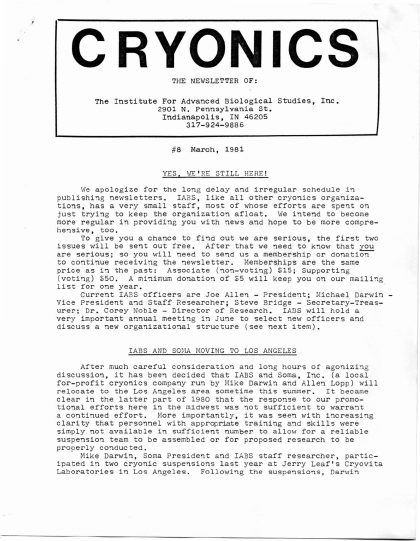 Cryonics magazine cover, 1981