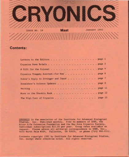 Cryonics magazine cover, 1982